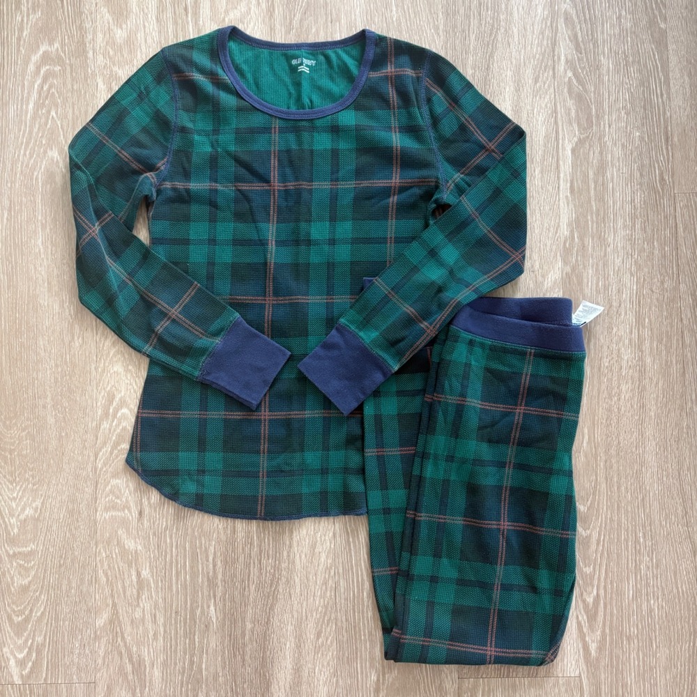 Old Navy Pajama Set Waffle Knit Plaid Green Navy Medium